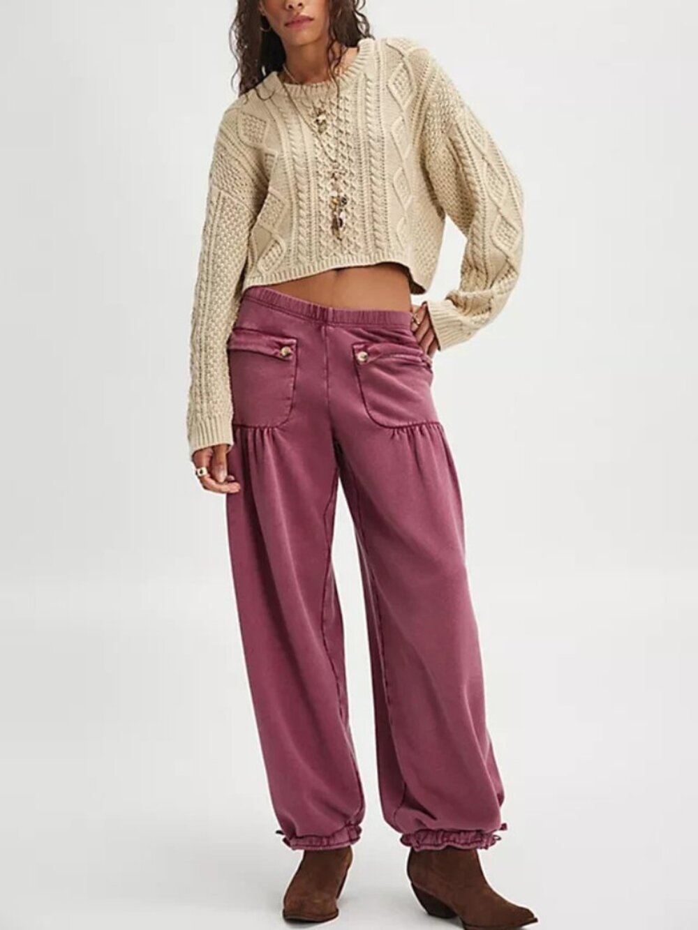 Free People FP One Arden Knit Pants Pull On Mid Rise Purple S